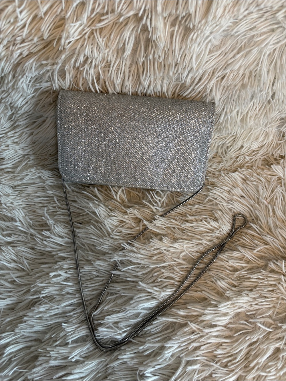 Glitter Metallic Silver Evening Clutch with Chain Strap